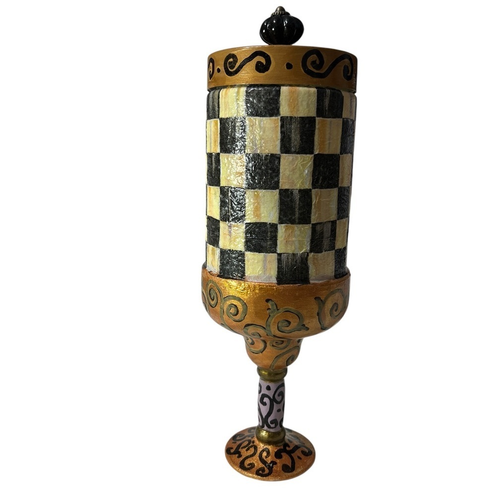 Elegant Checkered Mackenzie Child inspired Jar with Lid, Gold Accents☑️ - Picture 6 of 7
